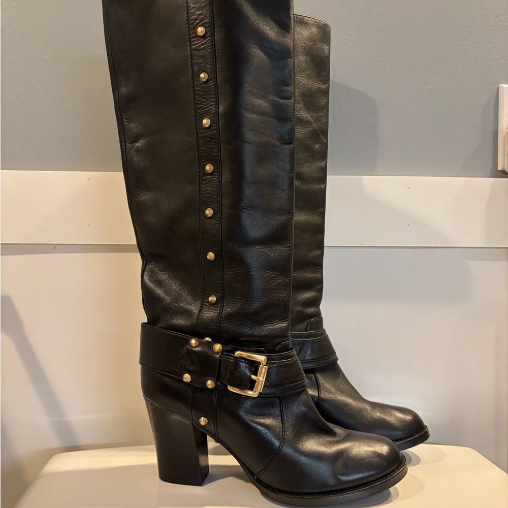 Michael Kors Black Leather Heeled Boots with Gold Accents